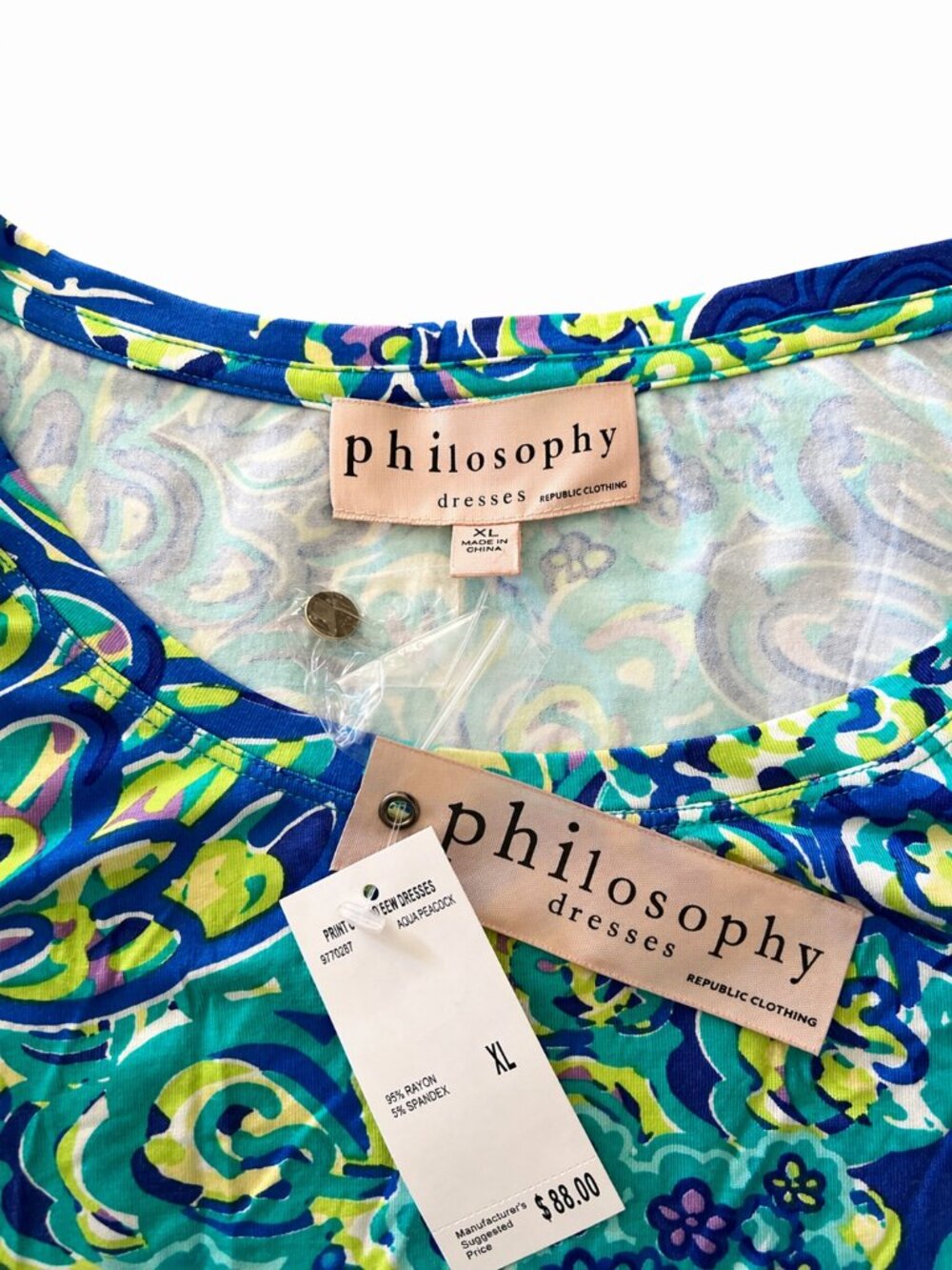 Philosophy Aqua Peacock Print Dress Knee Length S M L XL NWT - Picture 8 of 9